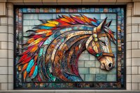 Vibrant stained glass mosaic horse head with colorful feathered headdress against stone wall background, featuring turquoise, orange and red tones in Native American style.