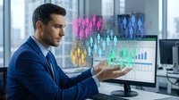 Professional businessman analyzing colorful holographic data visualization and charts on computer screen in modern office environment for business analytics.