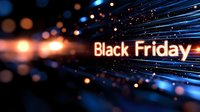 Glowing Black Friday text with dynamic blue light trails and bokeh effects against dark background creates dramatic retail promotion atmosphere for seasonal sales.