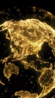Golden illuminated Earth globe showing North America with glowing network connections and light particles on dark background for technology concepts.