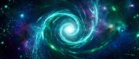 Cosmic spiral galaxy with glowing turquoise and green energy swirls against deep space background filled with bright stars and nebula dust particles.