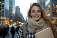 Young Caucasian woman with bright smile wearing plaid coat and beige scarf holding notebook on city street with blurred urban lights and skyscrapers in background.