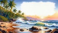 Tropical beach paradise with palm trees, ocean waves crashing on sandy shore at golden sunset. Peaceful coastal landscape for vacation and travel themes.