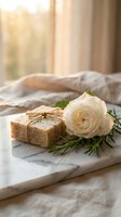 Handmade soap bar with natural exfoliants tied with twine, displayed with cream rose and rosemary sprigs on marble surface near window for spa and wellness product marketing.