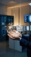 Businessman in dark suit holding glowing digital globe with network connections in modern tech office environment with data screens and servers.