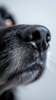 Close-up macro shot of black dog wet nose with detailed texture and whiskers against light background, showing moisture and sensitivity of canine olfactory organ.