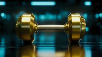 Golden metallic dumbbell with reflection on dark background with blue bokeh lights, fitness and strength training concept for sport motivation.