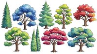 Watercolor tree collection with colorful foliage isolated on white background for nature design projects and botanical illustrations.