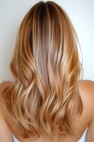 Blonde balayage hair with soft waves shown from behind on light background, demonstrating professional hair coloring and styling technique for salon marketing.