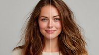 Young Caucasian woman with long wavy auburn hair and blue eyes smiling at camera, before and after photo retouching comparison against neutral gray background.