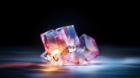 Glowing crystal clusters with pink and blue iridescent reflections on dark background with mystical light effects and smooth water surface reflection.