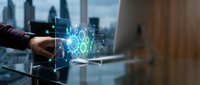Businessman hand touching digital holographic interface with glowing network icons and data visualization against cityscape background for technology and innovation concepts.