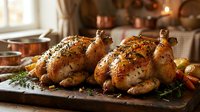 Two golden roasted chickens with herbs on wooden board in rustic kitchen setting. Perfect for holiday cooking, family dinner recipes and culinary content.