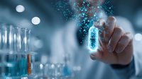 Scientist touching glowing digital pill capsule with blue particles in laboratory with test tubes and research equipment in background.