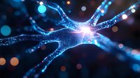 Glowing blue neuron cell with synaptic connections on dark background, illuminated by bright light burst effect showing neural network activity and brain function.