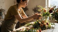 Young woman of mixed ethnicity arranging fresh flowers and greenery in a florist studio, creating a natural bouquet arrangement near a sunlit window for floral design and decoration purposes.