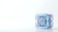 Transparent blue crystalline cube with geometric circuit patterns and glowing tech elements isolated on white background, suitable for technology, innovation, and digital design applications.