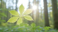 Fresh green Virginia creeper leaf backlit by sunlight in spring forest, shallow depth of field creates dreamy natural bokeh effect in woodland setting.