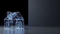 Transparent wireframe house model with glowing blue edges on dark background. Modern architectural concept for real estate, construction planning and smart home technology.