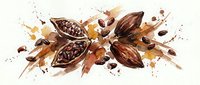 Cacao pods and beans with watercolor splashes on white background, isolated for design use on merchandise and packaging.