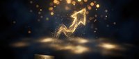 Glowing golden upward arrow with sparkling particles on dark background, symbolizing growth, success, and financial progress for business presentations.