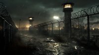 Dark prison exterior with guard towers and barbed wire fence in foggy night rain, dramatic lighting creates moody atmosphere for crime and justice themes.