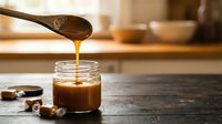 Golden caramel sauce dripping from wooden spoon into glass jar on rustic kitchen counter. Homemade dessert topping for ice cream, cakes and pastries.