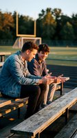 Two young men sitting on wooden bleachers using smartphones together at football field during golden hour sunset light for social media and friendship concepts.