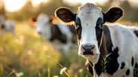Holstein dairy cow looking directly at camera in golden sunset light with blurred herd in background, close up portrait showing distinctive black and white markings.