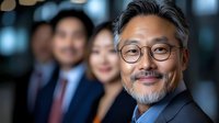 Confident mature Asian businessman with glasses and gray hair smiling at camera, with diverse business team members blurred in background. Professional corporate portrait.