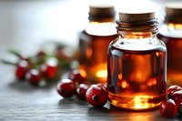 Small glass bottles with essential oil or medicine tincture surrounded by fresh red cranberries on gray concrete background, selective focus with bokeh effect.