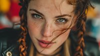 Young Caucasian woman with freckles and braided hair looking at camera with intense blue eyes in warm golden light for portrait photography.