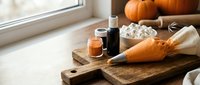 Autumn skincare routine with pumpkin cosmetics and natural ingredients on wooden board near window for seasonal beauty treatments.