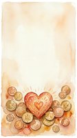 Watercolor heart surrounded by golden coins on textured paper background for love and money concept designs, greeting cards, and romantic financial themes.