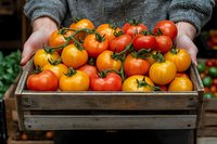 Fresh ripe tomatoes on vine in rustic wooden crate held by farmer in gray sweater, organic harvest of red and yellow heirloom varieties for farm market.