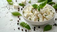 Fresh cubed feta cheese with herbs, black pepper, and basil leaves in white ceramic bowl on light background, mediterranean appetizer.