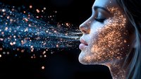 Side profile of young woman with glowing sparkles and particles creating magical ethereal effect against dark background, closed eyes and serene expression.
