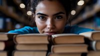 Young woman with dark hair and expressive eyes rests chin on stack of books in library setting with soft bokeh lights, capturing contemplative student lifestyle.
