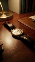 Classic wristwatch with black leather strap resting on wooden desk beside desk lamp, notebook and pen, ideal for business and lifestyle concepts.