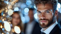 Confident bearded man in black suit at evening celebration with festive bokeh lights and blurred people background. Professional portrait for business or event.