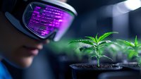 Young cannabis plants growing under LED lights reflect in protective eyewear worn by cultivation specialist monitoring growth parameters in controlled environment.