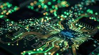 Futuristic circuit board with glowing green lights and microprocessor chip for technology and electronics design projects.