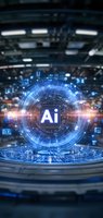 Futuristic holographic AI symbol with glowing blue circular interface and digital icons floating in dark space, representing artificial intelligence technology.