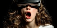 Young woman with open mouth wearing virtual reality headset against dark background, expressing amazement during immersive gaming experience.