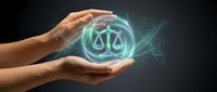 Hands protecting glowing justice scales symbol with digital effects representing legal protection, law firm services, and judicial system security concepts.