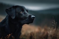 Black Labrador retriever in profile against blurred autumn landscape, looking attentively into distance with amber eyes amid golden dry grass.