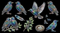 Colorful hummingbirds and small birds isolated on transparent background, ready for t-shirt design, clipart, stickers, sublimation, and print-on-demand projects.
