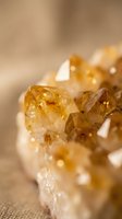 Macro shot of golden citrine crystal cluster with translucent faceted points and warm amber tones on neutral background, suitable for mineral, geology, and wellness content.
