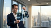 Professional businessman analyzing digital justice scales hologram in modern office with city skyline background for legal technology presentations.