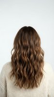 Woman with long wavy brown hair with highlights wearing cream knit sweater from behind on white background for hair salon and beauty concepts.